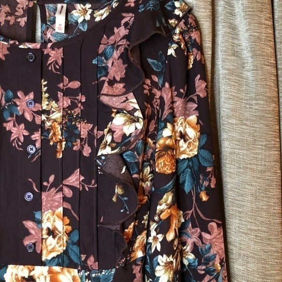 Xhiliration Wine Floral Print Long Sleeve Scoop Neck Ruffle Front Dress Medium - Picture 6 of 16